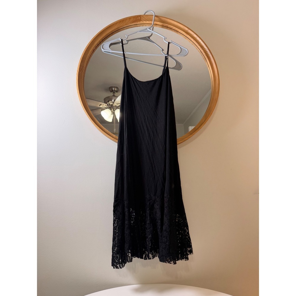 Origami Slip Y2K Dress Womens Large Black Lace Trim Midi Spaghetti Strap